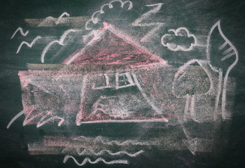 House and trees on chalkboard, blackboard texture 