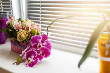 pink orchids in a vase on a windowsill in soft focus - Powered by Adobe