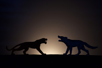 concept conflict.Tiger versus wolf silhouette
