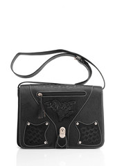 Leather ladies bag on a white background. Beautiful, fashionable, accessory, isolated. Interesting design, the texture of the skin. Comfortable handle.