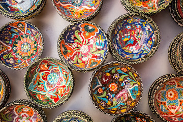 Decorative souvenir plates background, Turkey, Kalkan.