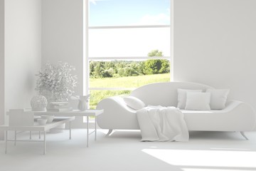 White room with sofa and green landscape in window. Scandinavian interior design. 3D illustration