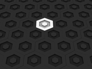 Dark hexagon tile background, one white hexagon stands out