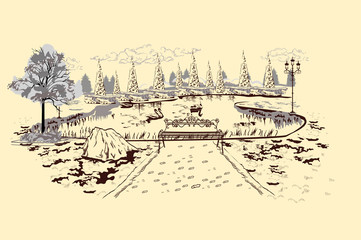 Series of park landscapes views with threes. Footpath in the middle of the lawn. Hand drawn vector illustration. Sketch background.