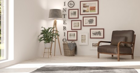 White modern room with armchair. Scandinavian interior design. 3D illustration