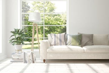 White room with sofa and green landscape in window. Scandinavian interior design. 3D illustration