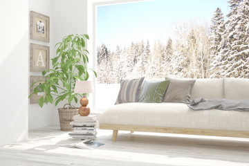 White room with sofa and winter landscape in window. Scandinavian interior design. 3D illustration