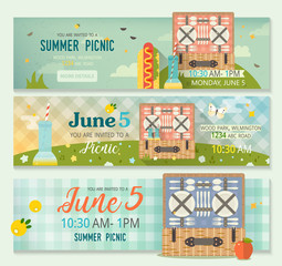Vector summer collection of family picnic banner. Horizontal banners set of picnic glade.