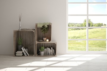 White empty room with green landscape in window. Scandinavian interior design. 3D illustration