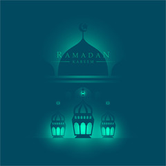 elegant shiny triple traditional lantern with mosque background for ramadan