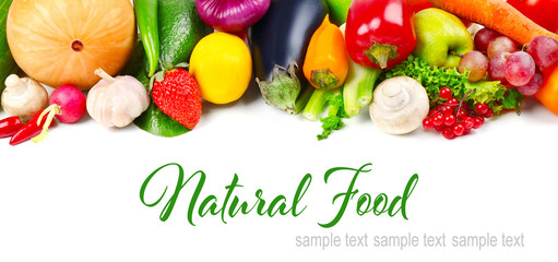 Colourful fruits and vegetables on white background