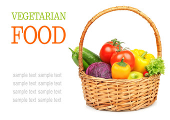 Fresh vegetables and fruit  in basket on white background