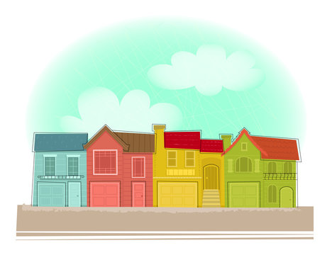 Row of Houses - Clip art of colorful row houses under blue sky. Eps10
