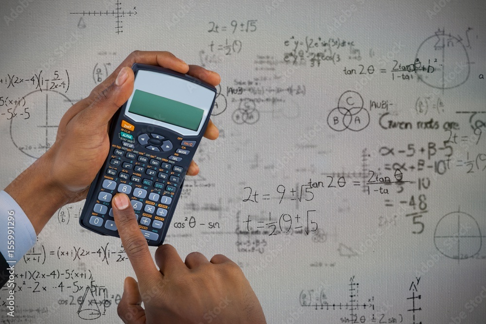 Poster composite image of hands of businessman using calculator