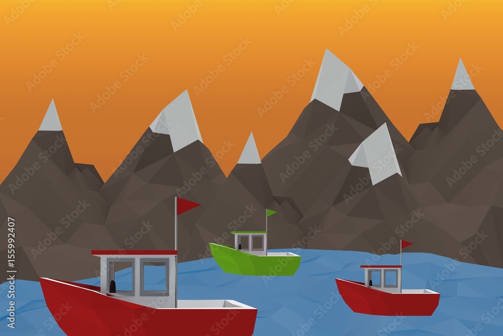 Poster composite image of three dimensional image of red boat