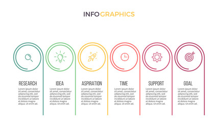 Business infographics. Timeline with 6 steps, options. Thin line vector template.