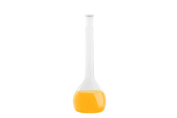 Test-tube with orange liquid, isolated on white background. Medicine, Chemistry. Horizontal frame