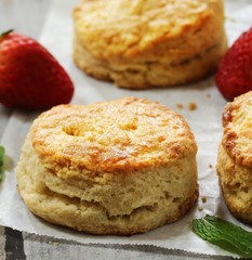 Homemade fluffy sour cream biscuits, selective focus