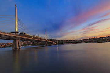 Istanbul new built Halic metro bridge during the twilight with its post modern look