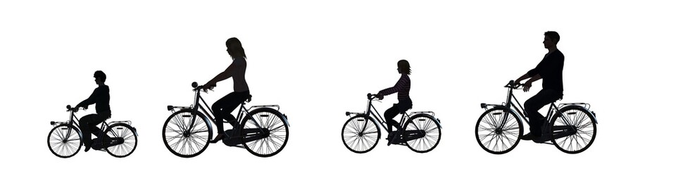 Fototapeta na wymiar Cycling family, cyclist, silhouette, isolated on white background