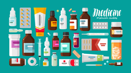 Medicine, pharmacy, hospital set of drugs with labels. Medication, pharmaceutics concept. Vector illustration