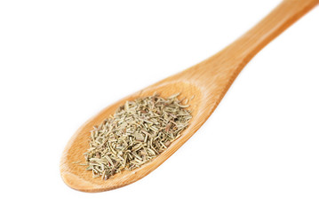 Rosemary in wooden spoon isolated on white