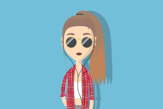 Hipster cartoon character. Woman with ponytail, sunglasses and red checked shirt . Flat vector illustration.