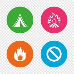 Tourist camping tent sign. Fire flame icons.