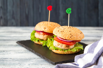 Homemade healthy Turkey Burger with Lettuce and Tomato. selective focus
