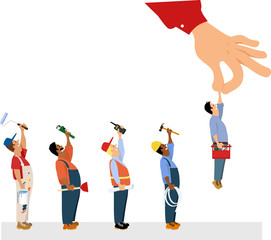 Customer's hand picking a handyman from a line with a painter, a plumber, a contractor and an electrician, EPS 8 vector illustration