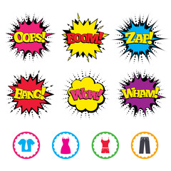 Clothes signs. T-shirt with tie and pants.