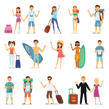 People and couples travelling, surfing, leisure, hiking. Character design. Flat design vector.