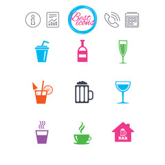 Coffee, tea icons. Alcohol drinks signs.