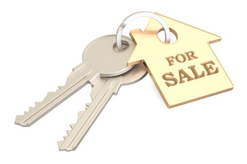 For sale concept, key with keychain, 3D rendering