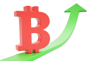 Growth green arrow with bitcoin symbol, 3D rendering