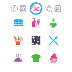 Food, drink icons. Coffee and hamburger signs.