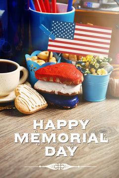 happy memorial day card with Patriotic breakfast  USA background. toned image 