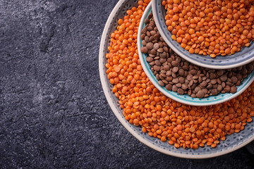 Bowls with red and black lentils