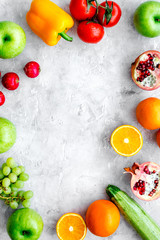 fresh vegetables and fruits for fitness dinner on stone background top view mockup