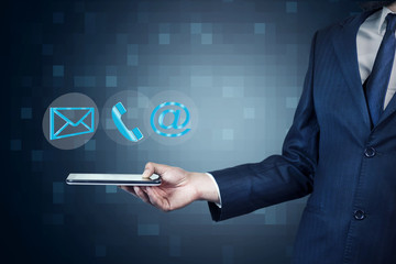 Businessman hand tablet with digital interface