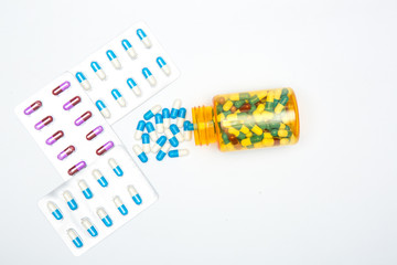 panel mediacl drug and bottle on white background