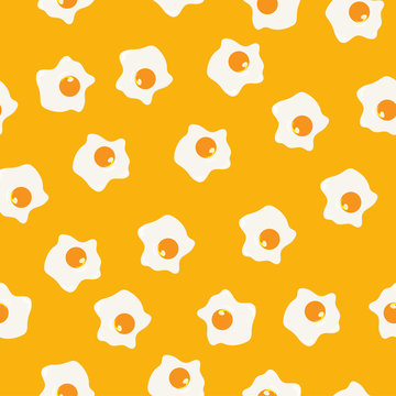 Fried eggs yellow seamless pattern is great as cover template, background, kitchen cloth print, childish pajama print, towel pattern, apron print, texture for kids materials. Breakfast pattern.