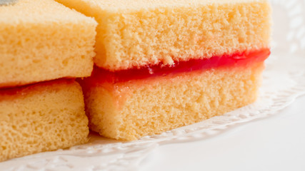 orange cake Strawberry jam  close up