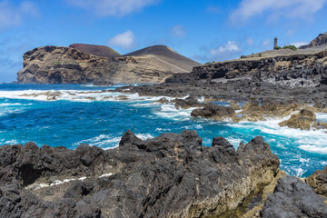 View of Capelinhos volocano from the lava rocks, Faial Island, Azores, Portugal