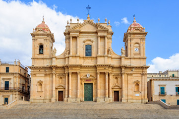 The facade of the beautiful Sicilian baroque Cathedral dedicated to Saint Nicholas - Noto, Sicily, Italy