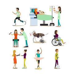 Vector flat icons set of medical staff and disabled people, pets