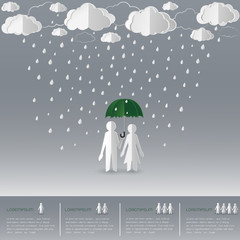 Concept of man holding umbrella with women on a rainy day,paper art and origami style