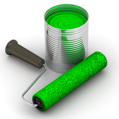 Paint roller and open can with paint