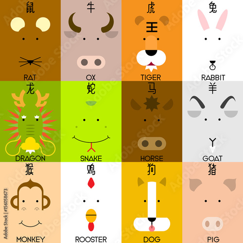 "12 Chinese zodiac icon set, face of rat, ox, tiger, rabbit, dragon