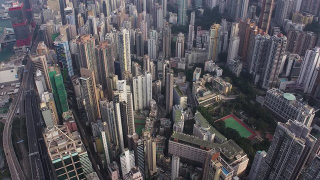 Hong Kong Aerial v41 Birdseye view flying over Tai Ping Shan area panning.